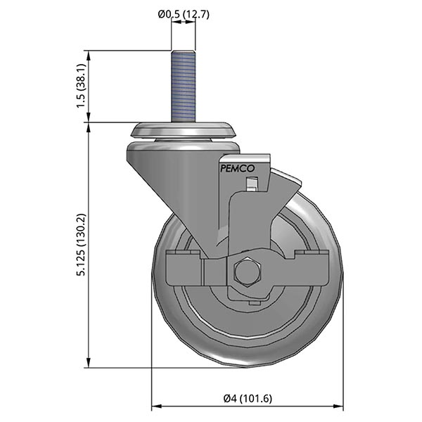 Side view drawing of caster with dimensions